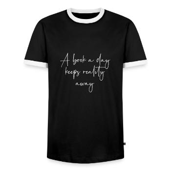 A book a day keeps reality away - T-shirt contrasté Homme - noir/blanc - Devant - AI Model Female 172 light (172cm) & AI Model Male 178 light (178cm)