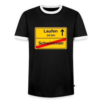 Ortsschild Schwimmen Laufen Sprintdistanz - Männer Kontrast-T-Shirt - Schwarz/Weiß - Vorne - AI Model Female 172 light (172cm) & AI Model Male 178 light (178cm)