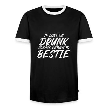 If lost or drunk please return to bestie - Men's Ringer Shirt - black/white - Front - AI Model Female 172 light (172cm) & AI Model Male 178 light (178cm)