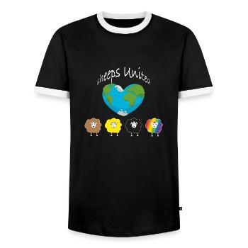 Sheep of the world unite! The world a heart. - Men's Ringer Shirt - black/white - Front - AI Model Female 172 light (172cm) & AI Model Male 178 light (178cm)