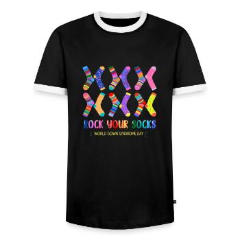 World down syndrome day socks WDSD Rock Your Socks - T-shirt contrasté Homme - noir/blanc - Devant - AI Model Female 172 light (172cm) & AI Model Male 178 light (178cm)