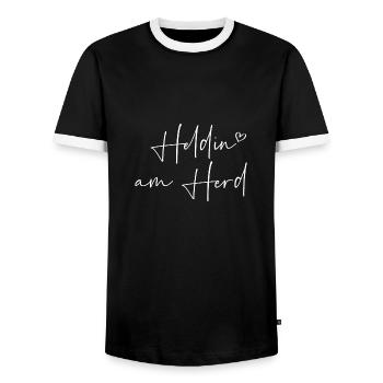Heldin am Herd - Männer Kontrast-T-Shirt - Schwarz/Weiß - Vorne - AI Model Female 172 light (172cm) & AI Model Male 178 light (178cm)