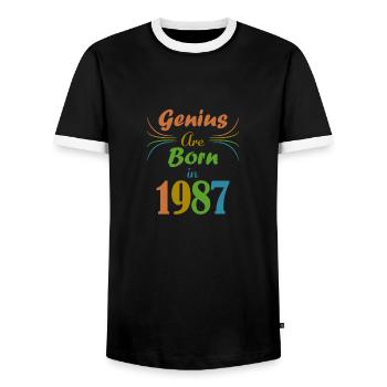 genius born 1987 - Men's Ringer Shirt - black/white - Front - AI Model Female 172 light (172cm) & AI Model Male 178 light (178cm)