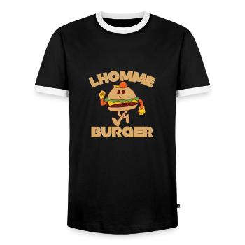 The Burger Man - Men's Ringer Shirt - black/white - Front - AI Model Female 172 light (172cm) & AI Model Male 178 light (178cm)