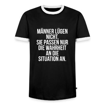 Männer lügen nicht sie passen nur die Wahrheit an - Männer Kontrast-T-Shirt - Schwarz/Weiß - Vorne - AI Model Female 172 light (172cm) & AI Model Male 178 light (178cm)