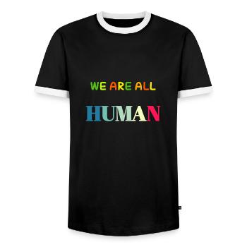 We are All human, wir sind alles Menschen - Männer Kontrast-T-Shirt - Schwarz/Weiß - Vorne - AI Model Female 172 light (172cm) & AI Model Male 178 light (178cm)