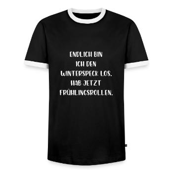 Bin jetzt den Winterspeck los hab Frühlingsrollen - Männer Kontrast-T-Shirt - Schwarz/Weiß - Vorne - AI Model Female 172 light (172cm) & AI Model Male 178 light (178cm)