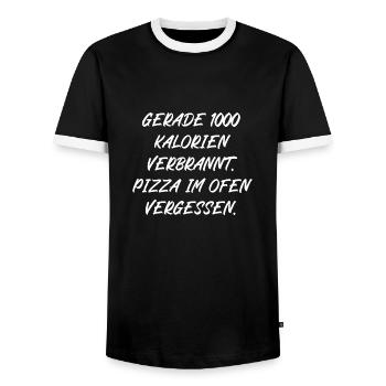 Gerade Kalorien verbrannt Pizza im Ofen vergessen - Männer Kontrast-T-Shirt - Schwarz/Weiß - Vorne - AI Model Female 172 light (172cm) & AI Model Male 178 light (178cm)