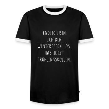 Bin jetzt den Winterspeck los hab Frühlingsrollen - Männer Kontrast-T-Shirt - Schwarz/Weiß - Vorne - AI Model Female 172 light (172cm) & AI Model Male 178 light (178cm)