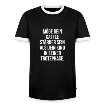 Möge dein Kaffee stärker sein als die Trotzphase - Männer Kontrast-T-Shirt - Schwarz/Weiß - Vorne - AI Model Female 172 light (172cm) & AI Model Male 178 light (178cm)
