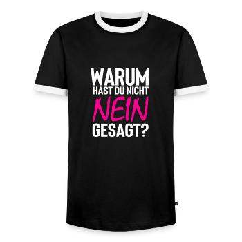 Warum hast du nicht nein gesagt - Männer Kontrast-T-Shirt - Schwarz/Weiß - Vorne - AI Model Female 172 light (172cm) & AI Model Male 178 light (178cm)