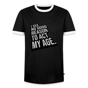 to act my age - Men's Ringer Shirt - black/white - Front - AI Model Female 172 light (172cm) & AI Model Male 178 light (178cm)