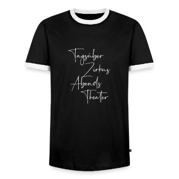 Tagsüber Zirkus abends Theater - Männer Kontrast-T-Shirt - Schwarz/Weiß - Vorne - AI Model Female 172 light (172cm) & AI Model Male 178 light (178cm)