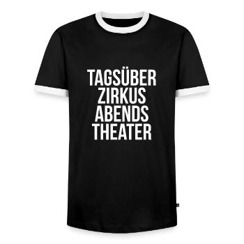 Tagsüber Zirkus abends Theater - Männer Kontrast-T-Shirt - Schwarz/Weiß - Vorne - AI Model Female 172 light (172cm) & AI Model Male 178 light (178cm)