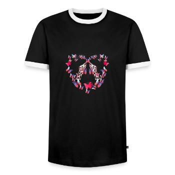 giraffe, butterflies,heart,flies,colorful,painting, - Men's Ringer Shirt - black/white - Front - AI Model Female 172 light (172cm) & AI Model Male 178 light (178cm)