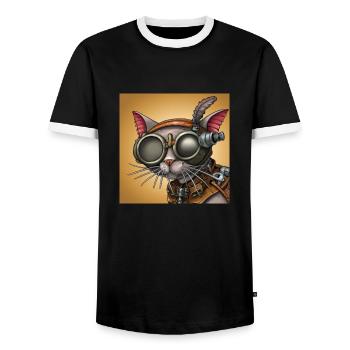 Une promenade dans l’ du robot : chat Steampunk - T-shirt contrasté Homme - noir/blanc - Devant - AI Model Female 172 light (172cm) & AI Model Male 178 light (178cm)