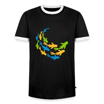 Bunter Schwarm Koi Fische - Männer Kontrast-T-Shirt - Schwarz/Weiß - Vorne - AI Model Female 172 light (172cm) & AI Model Male 178 light (178cm)