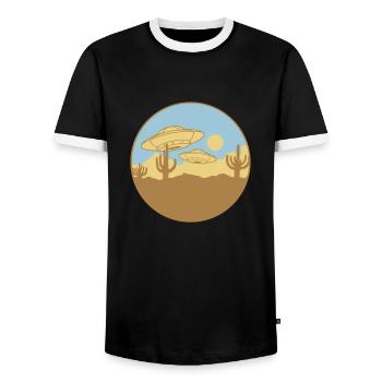Flying Deserts UFO Scene - Men's Ringer Shirt - black/white - Front - AI Model Female 172 light (172cm) & AI Model Male 178 light (178cm)