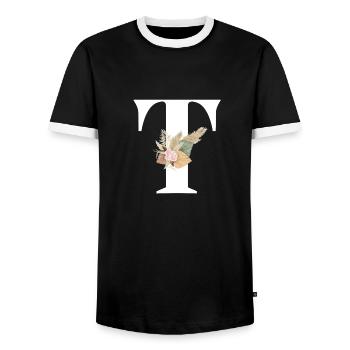 lettre T fleuris - T-shirt contrasté Homme - noir/blanc - Devant - AI Model Female 172 light (172cm) & AI Model Male 178 light (178cm)