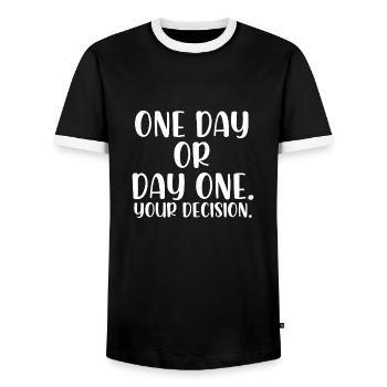One day or day one your decision - Männer Kontrast-T-Shirt - Schwarz/Weiß - Vorne - AI Model Female 172 light (172cm) & AI Model Male 178 light (178cm)