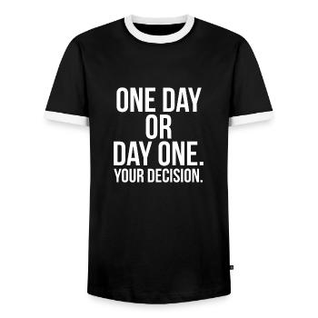 One day or day one your decision - Männer Kontrast-T-Shirt - Schwarz/Weiß - Vorne - AI Model Female 172 light (172cm) & AI Model Male 178 light (178cm)