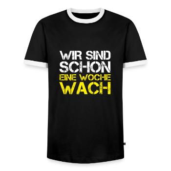 Lustiges Mallorca WIR SIND SCHON EINE WOCHE WACH - Männer Kontrast-T-Shirt - Schwarz/Weiß - Vorne - AI Model Female 172 light (172cm) & AI Model Male 178 light (178cm)