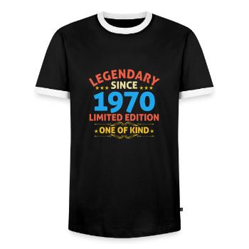 Legendary since 1970 Limited Edition - Men's Ringer Shirt - black/white - Front - AI Model Female 172 light (172cm) & AI Model Male 178 light (178cm)