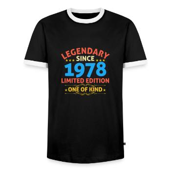 Legendary since 1978 Limited Edition - Men's Ringer Shirt - black/white - Front - AI Model Female 172 light (172cm) & AI Model Male 178 light (178cm)