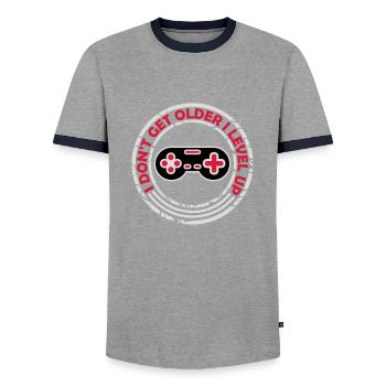 get older level up - Men's Ringer Shirt - grey/navy  - Front - AI Model Female 172 light (172cm) & AI Model Male 178 light (178cm)