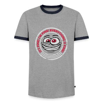 everything is fine quote - Men's Ringer Shirt - grey/navy  - Front - AI Model Female 172 light (172cm) & AI Model Male 178 light (178cm)