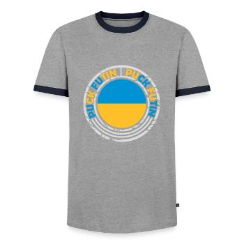 puck futin logo design - Men's Ringer Shirt - grey/navy  - Front - AI Model Female 172 light (172cm) & AI Model Male 178 light (178cm)