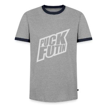 puck futin logo design - Men's Ringer Shirt - grey/navy  - Front - AI Model Female 172 light (172cm) & AI Model Male 178 light (178cm)