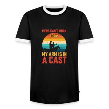 Mens Can't Work Today My Arm Is In A Cast Fishing - Men's Ringer Shirt - black/white - Front - AI Model Female 172 light (172cm) & AI Model Male 178 light (178cm)