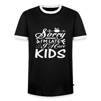Sorry I'm Late I Have Kids - Men's Ringer Shirt - black/white - Front - AI Model Female 172 light (172cm) & AI Model Male 178 light (178cm)