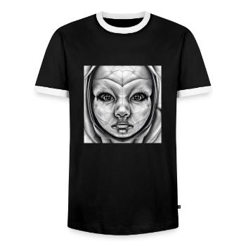 Human-Alien. Face in black and white - Men's Ringer Shirt - black/white - Front - AI Model Female 172 light (172cm) & AI Model Male 178 light (178cm)