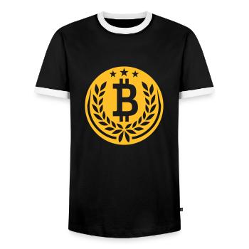 Emblem Bitcoin laurel wreath stars - Men's Ringer Shirt - black/white - Front - AI Model Female 172 light (172cm) & AI Model Male 178 light (178cm)