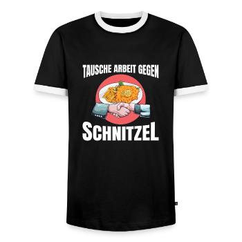 Tausche Arbeit gegen Schnitzel - Männer Kontrast-T-Shirt - Schwarz/Weiß - Vorne - AI Model Female 172 light (172cm) & AI Model Male 178 light (178cm)