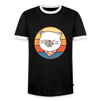 Funny Cute Kawaii Cat Face Retro Sunset - Men's Ringer Shirt - black/white - Front - AI Model Female 172 light (172cm) & AI Model Male 178 light (178cm)