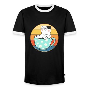 Lustiges süßes Kawaii Katzengesicht Retro Sonnenuntergang - Männer Kontrast-T-Shirt - Schwarz/Weiß - Vorne - AI Model Female 172 light (172cm) & AI Model Male 178 light (178cm)