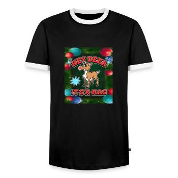 Christmas Outfit - Hey Deer It's X-Mas - Reindeer - Men's Ringer Shirt - black/white - Front - AI Model Female 172 light (172cm) & AI Model Male 178 light (178cm)