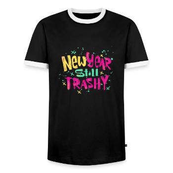 New Year Still Trashy Happy New Year 2023 - Men's Ringer Shirt - black/white - Front - AI Model Female 172 light (172cm) & AI Model Male 178 light (178cm)