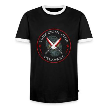 True Crime Club Delaware, Murderino Murder Show - Men's Ringer Shirt - black/white - Front - AI Model Female 172 light (172cm) & AI Model Male 178 light (178cm)