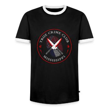 True Crime Club Mississippi, Murderino Murder Show - Männer Kontrast-T-Shirt - Schwarz/Weiß - Vorne - AI Model Female 172 light (172cm) & AI Model Male 178 light (178cm)