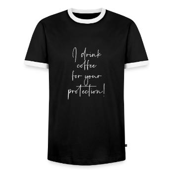 I drink coffee for your protection - Men's Ringer Shirt - black/white - Front - AI Model Female 172 light (172cm) & AI Model Male 178 light (178cm)