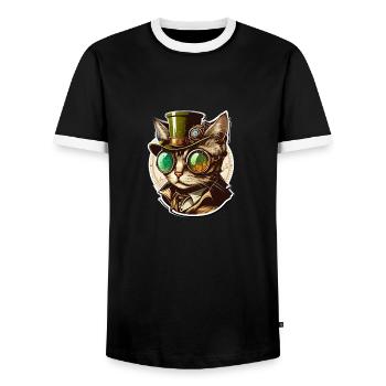 Chat Steampunk avec chapeau et lunettes - T-shirt contrasté Homme - noir/blanc - Devant - AI Model Female 172 light (172cm) & AI Model Male 178 light (178cm)