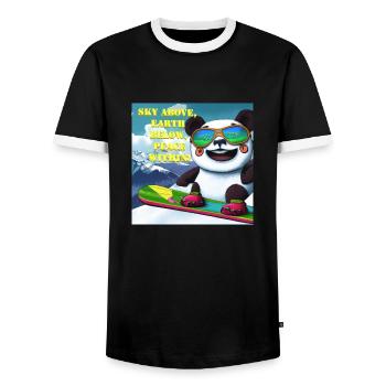 Panda auf Snowboard Variante 1 Text - Männer Kontrast-T-Shirt - Schwarz/Weiß - Vorne - AI Model Female 172 light (172cm) & AI Model Male 178 light (178cm)