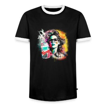 Femme rétro des années 80 avec détails à l’aérographe, canette de boisson - T-shirt contrasté Homme - noir/blanc - Devant - AI Model Female 172 light (172cm) & AI Model Male 178 light (178cm)