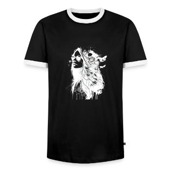 Black and White Hippie Portrait Woman with Flowers - Men's Ringer Shirt - black/white - Front - AI Model Female 172 light (172cm) & AI Model Male 178 light (178cm)