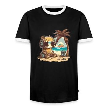 A small robot in a t-shirt relaxes on the beach - Men's Ringer Shirt - black/white - Front - AI Model Female 172 light (172cm) & AI Model Male 178 light (178cm)