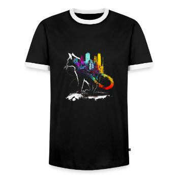 Cat with a colorful city on its back - Men's Ringer Shirt - black/white - Front - AI Model Female 172 light (172cm) & AI Model Male 178 light (178cm)